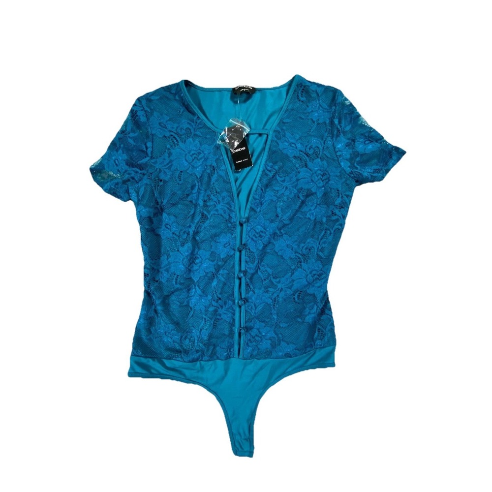 Bebe Lace Bodysuit Womens Small Deep Lagoon Floral Short Sleeve Button Front NEW